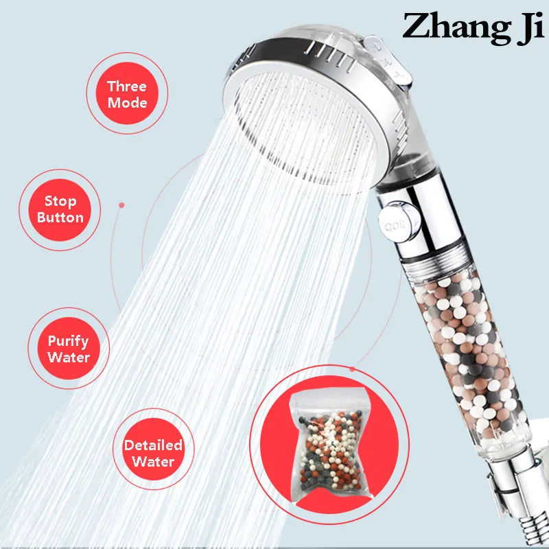ZhangJi 3 Modes Adjustable High Pressure Shower Head Tourmaline Replaceable Filter SPA Shower Water Saving Switch Button Shower