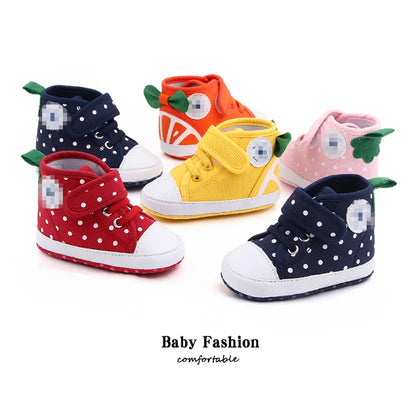 Baby Canvas Shoes Soft Cotton Anti-slip Toddler Prewalking Ankle Boots Cute Dots and Fruits Design Baby Casual Shoe High Quality