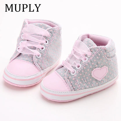 Infant Newborn Baby Girls Polka Dots Heart Autumn Lace-Up First Walkers Sneakers Shoes Toddler Classic Casual Shoes