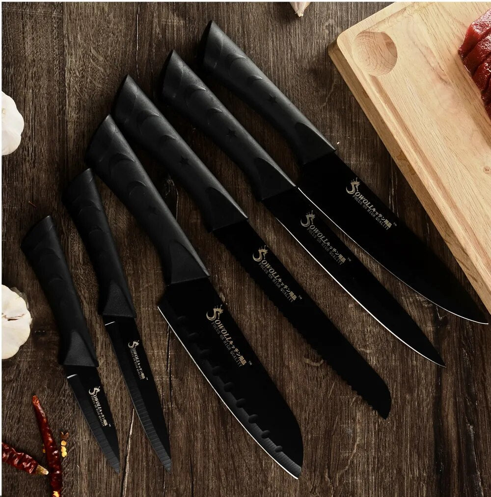 Sowoll Kitchen Knives Black Stainless Steel 1-6Pcs Utility Chef Knife Professional Japanese Cooking Knife Paring Fruit Knife