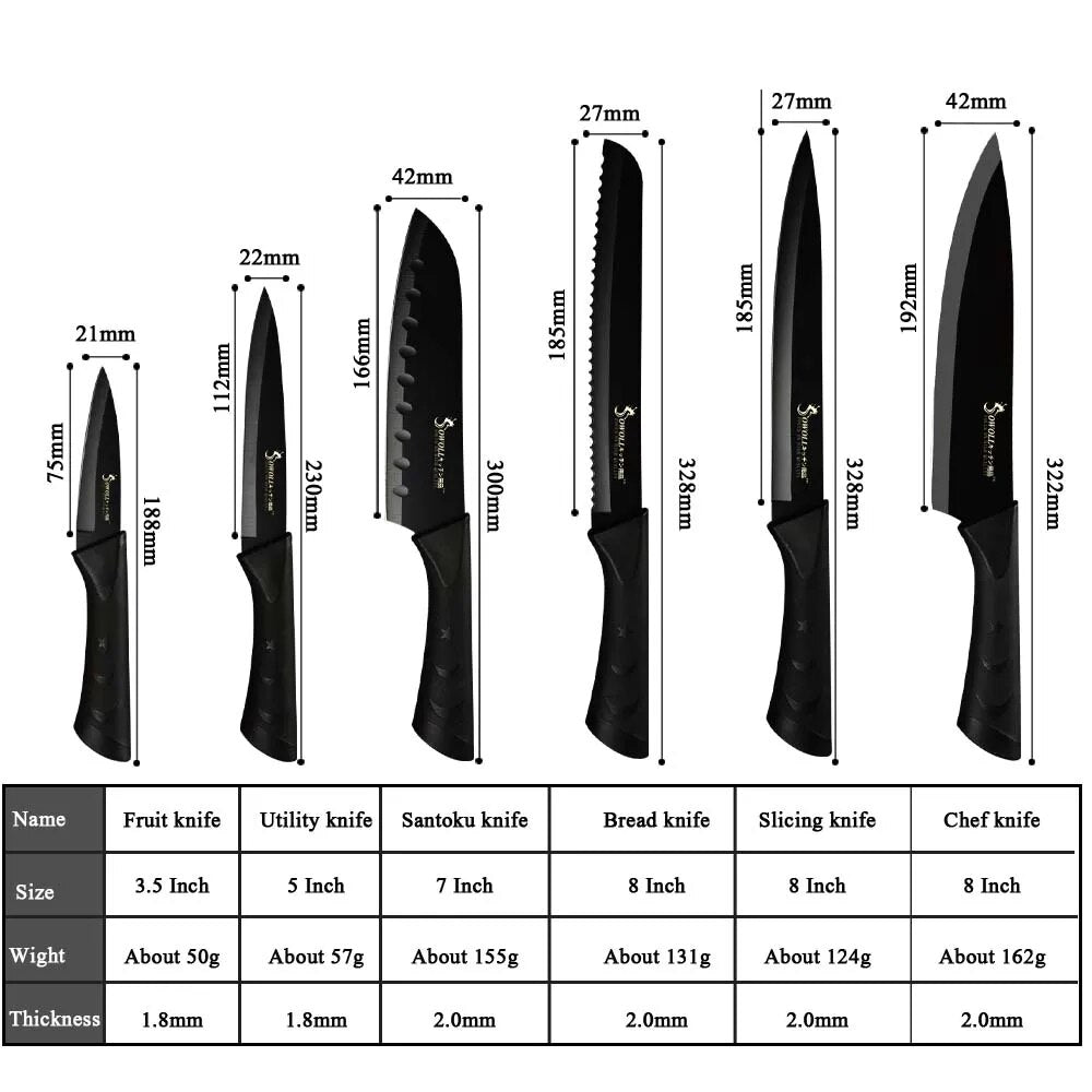 Sowoll Kitchen Knives Black Stainless Steel 1-6Pcs Utility Chef Knife Professional Japanese Cooking Knife Paring Fruit Knife