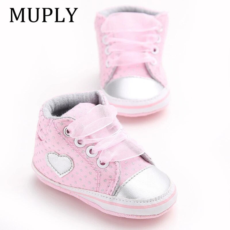 Infant Newborn Baby Girls Polka Dots Heart Autumn Lace-Up First Walkers Sneakers Shoes Toddler Classic Casual Shoes