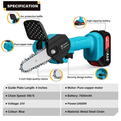 4 inch 21V Mini Cordless Electric Chain Saw 1/2 Li-ion Battery One-hand Garden Wood Cutting Pruning Saw For Makita 18V Battery