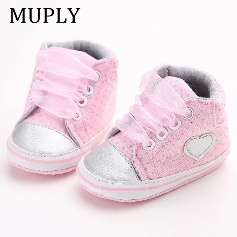 Infant Newborn Baby Girls Polka Dots Heart Autumn Lace-Up First Walkers Sneakers Shoes Toddler Classic Casual Shoes