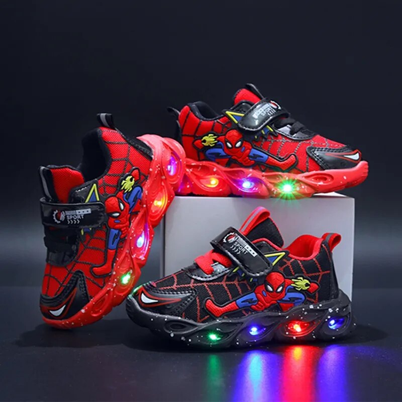 Led Light Luminous Shoes Kids Casual Sneakers Mesh Cartoon Spiderman Toddler Sport Running Shoes