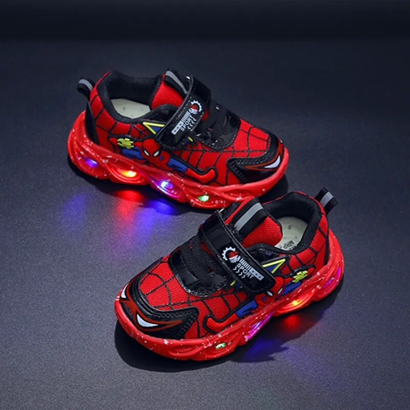 Led Light Luminous Shoes Kids Casual Sneakers Mesh Cartoon Spiderman Toddler Sport Running Shoes